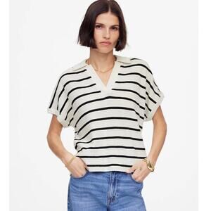 Madewell Relaxed V-Neck Polo Shirt SZ M White Black Striped Pullover Cotton Knit